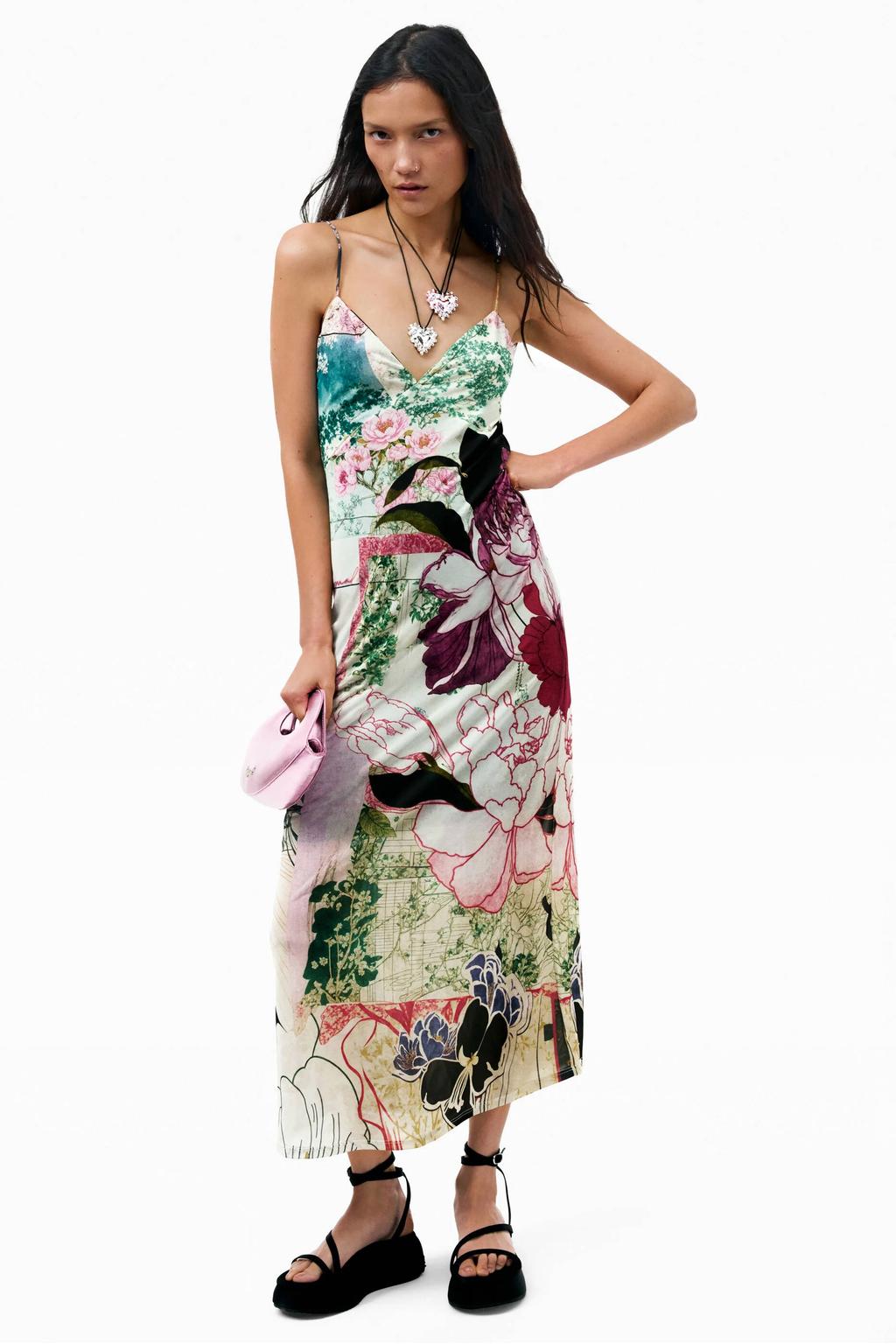 Multikleurige dames Desigual midi zomerjurk meerkleurig van polyester met V-hals