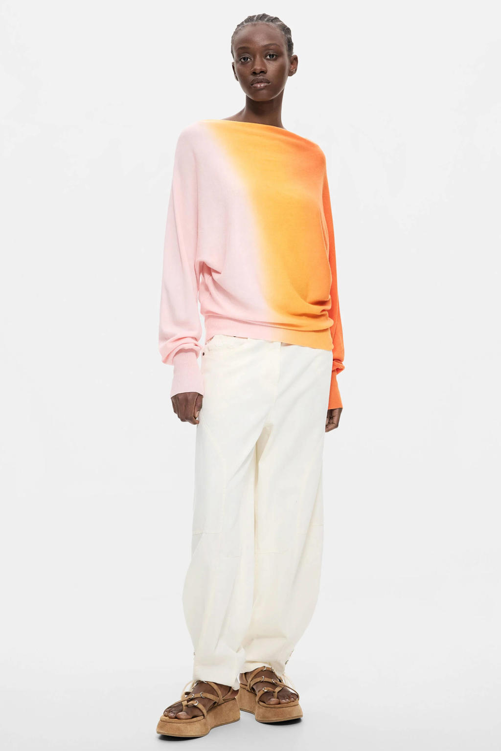 Oranje en lichtroze dames Desigual viscose gebreide trui van katoen met effen, lange mouwen en off shoulder hals
