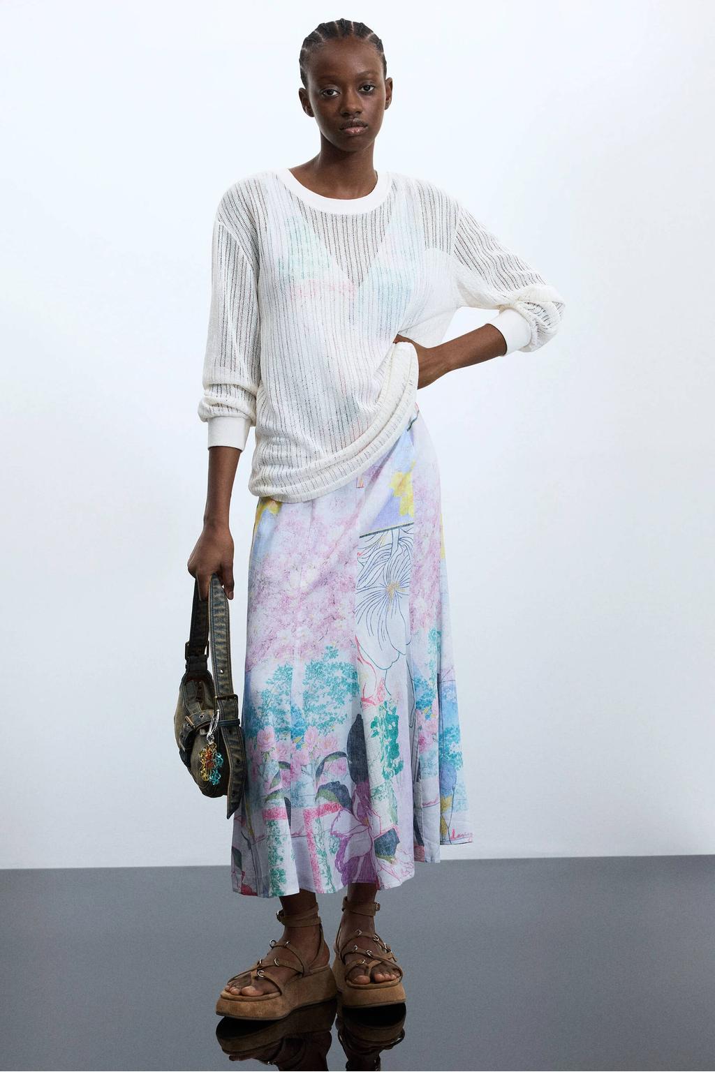 Multikleurige dames Desigual midi zomerjurk met linnen meerkleurig van viscose met lange mouwen en V-hals