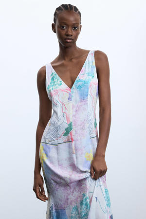 midi zomerjurk met print en linnen - meerkleurig