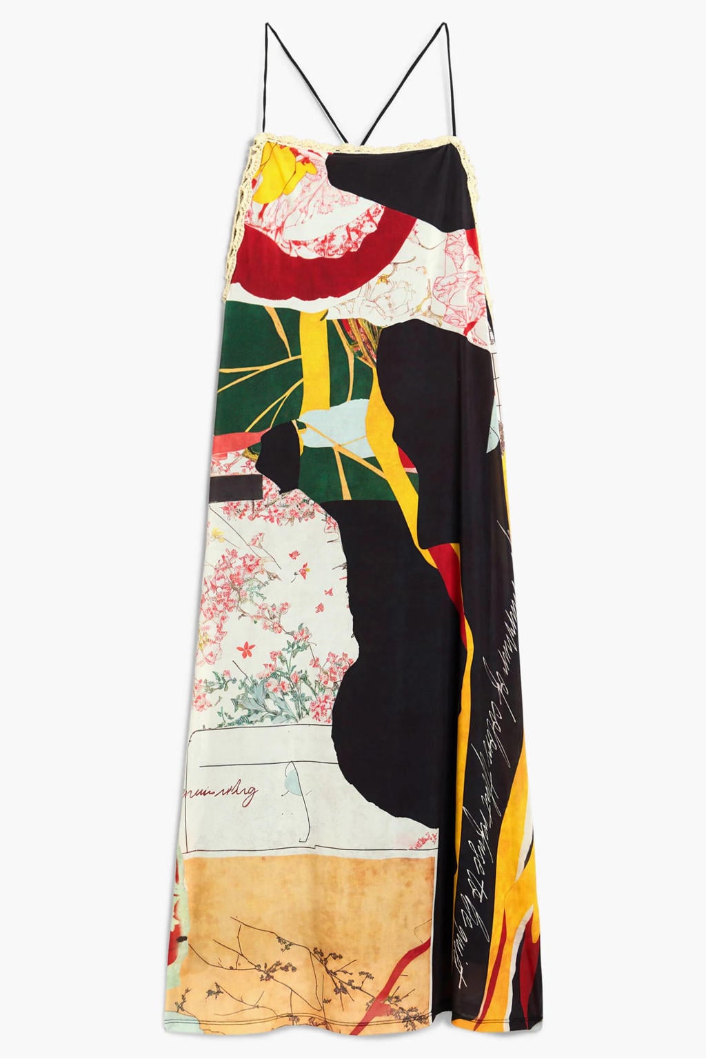 Multikleurige dames Desigual midi zomerjurk meerkleurig van polyester met vierkante hals en striksluiting