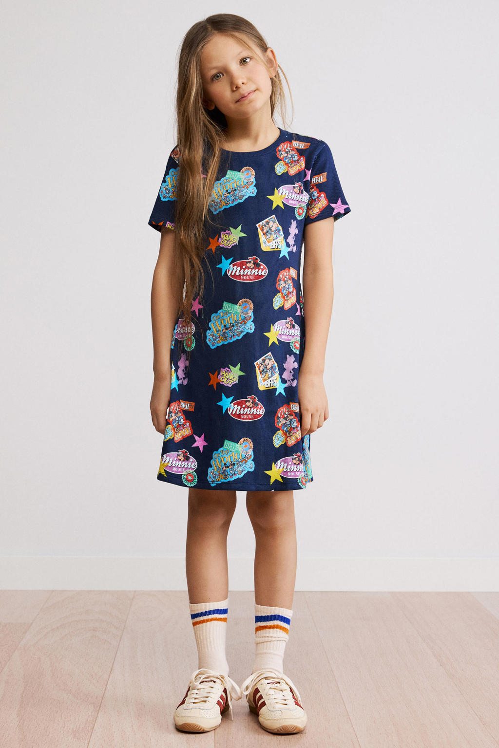 Donkerblauwe meisjes Desigual Minnie Mouse midi T-shirtjurk van stretchkatoen met korte mouwen en ronde hals
