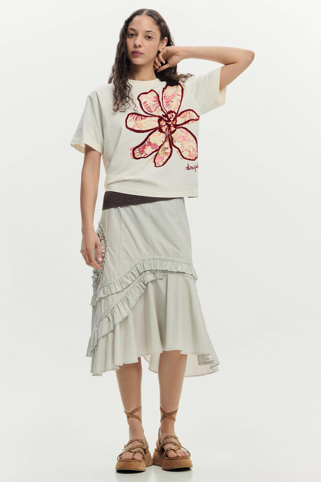 Wit en donkerrode dames Desigual T-shirt van katoen met printopdruk, korte mouwen en ronde hals
