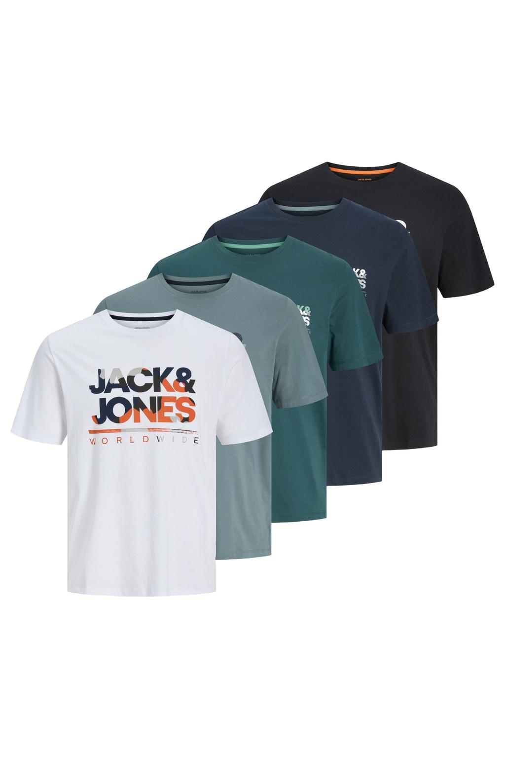 Set van 5 multikleurige heren JACK & JONES regular fit T-shirt van katoen met logo dessin, korte mouwen en ronde hals