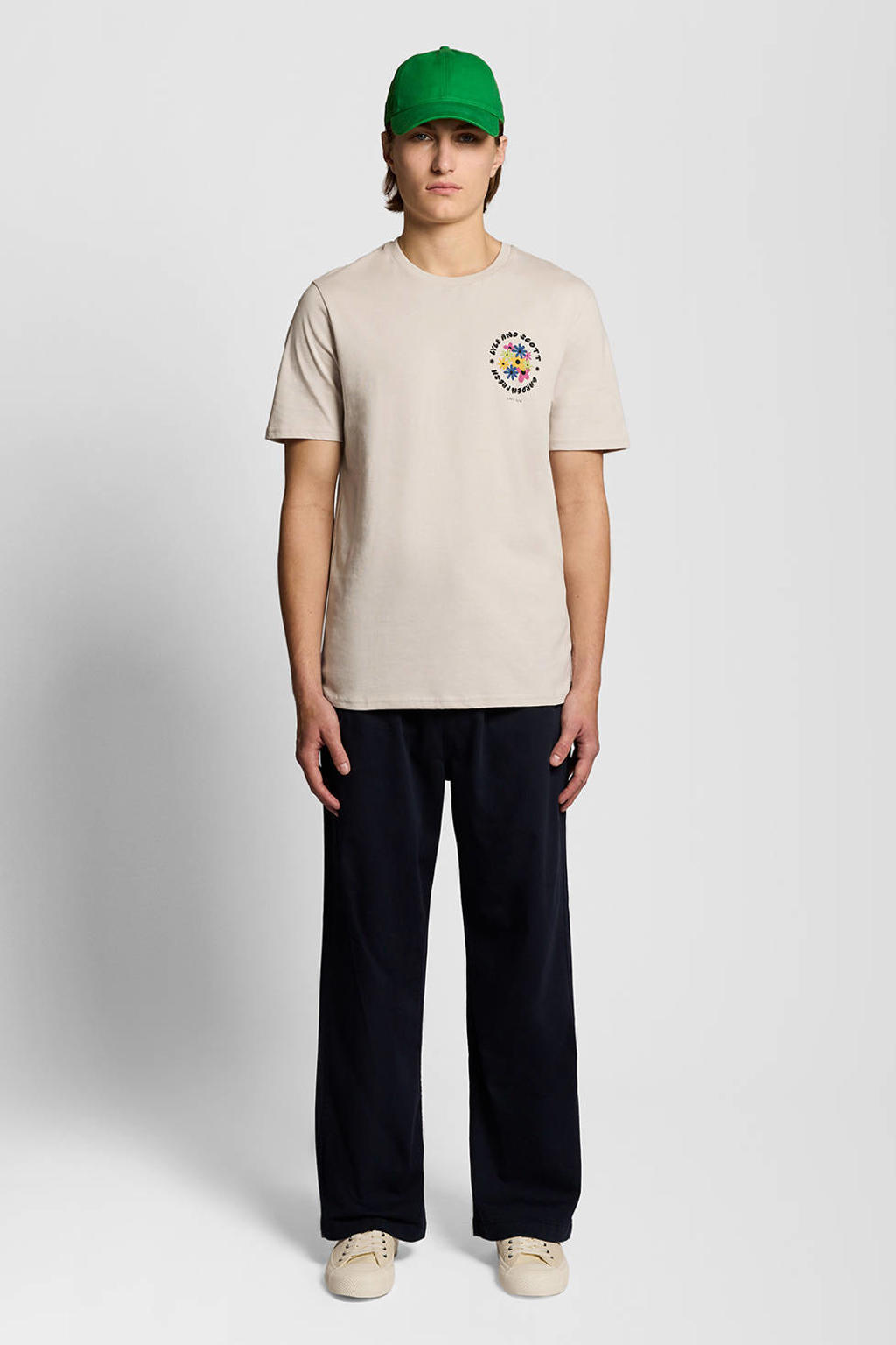 Beige heren Lyle & Scott regular T-shirt van katoen met backprint, korte mouwen en ronde hals