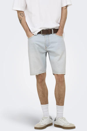 straight leg denim short met riemlussen - lichtblauw