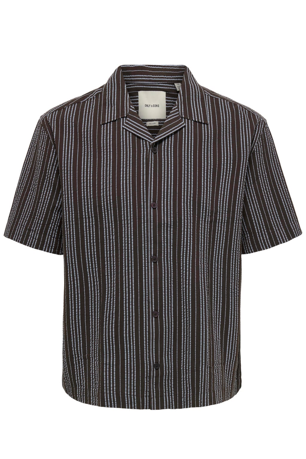 Bruine heren ONLY & SONS relaxed gestreept casual overhemd van katoen met korte mouwen, reverskraag en knoopsluiting