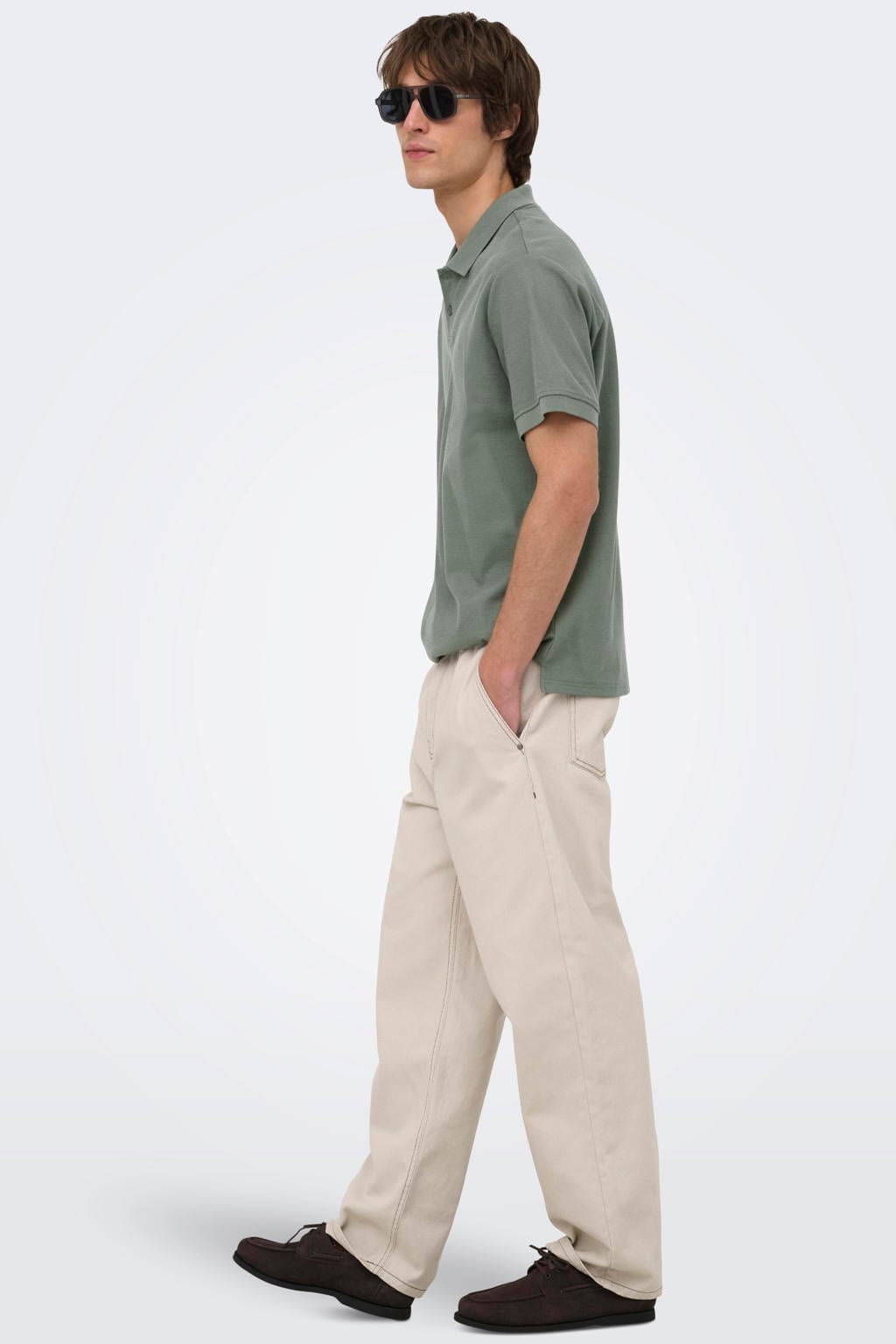 Groene heren ONLY & SONS regular polo van katoen met effen, korte mouwen en knoopsluiting
