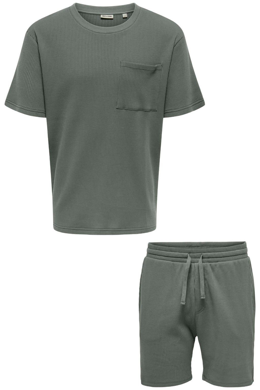 Donkergroene heren ONLY & SONS regular T-shirt en short met korte mouwen, ronde hals, elastische tailleband met koord en textuur