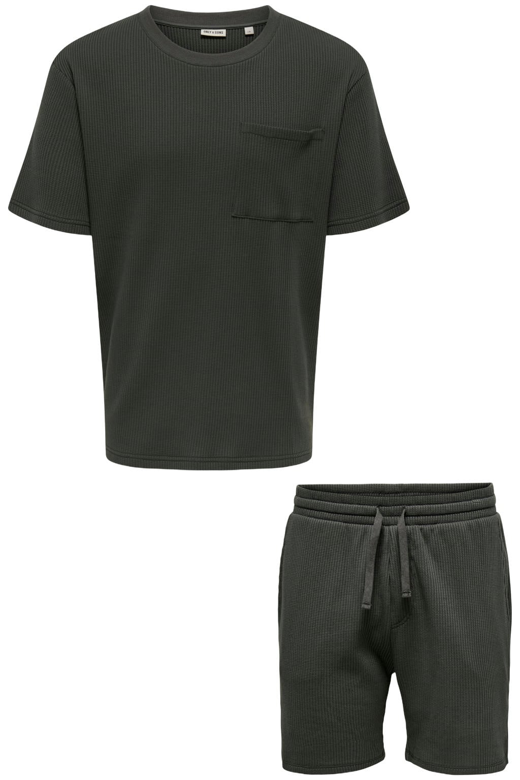 Donkergroene heren ONLY & SONS regular T-shirt van katoen met effen, korte mouwen, ronde hals, elastische tailleband met koord en textuur