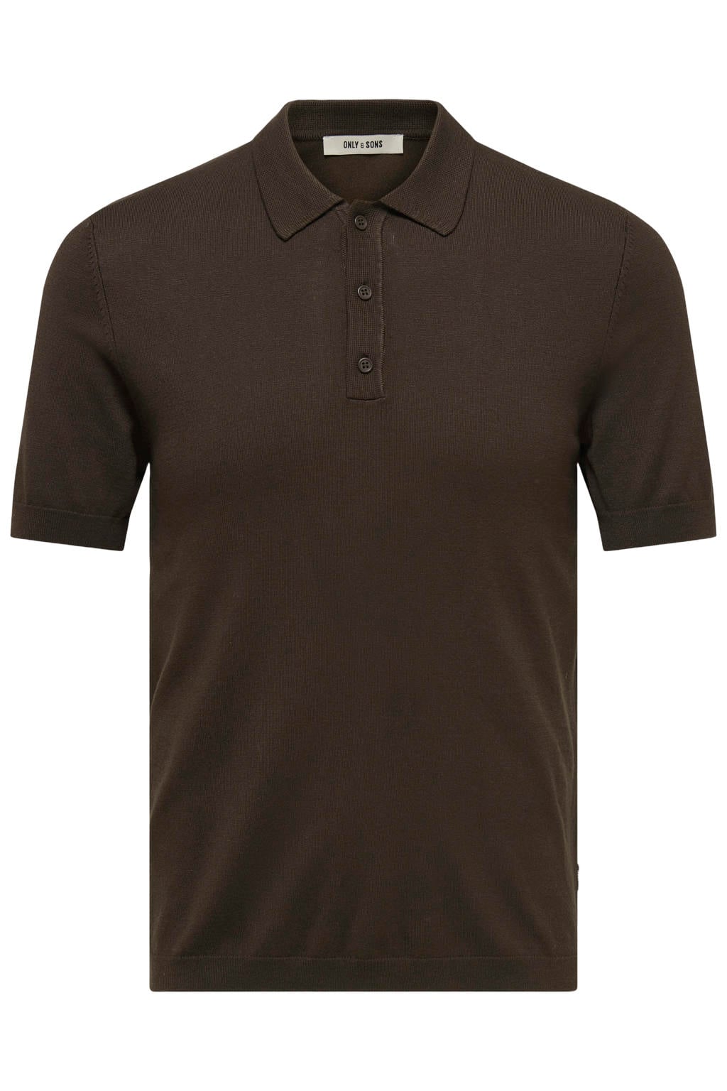 Bruine heren ONLY & SONS regular polo gebreid van viscose met effen, korte mouwen en knoopsluiting