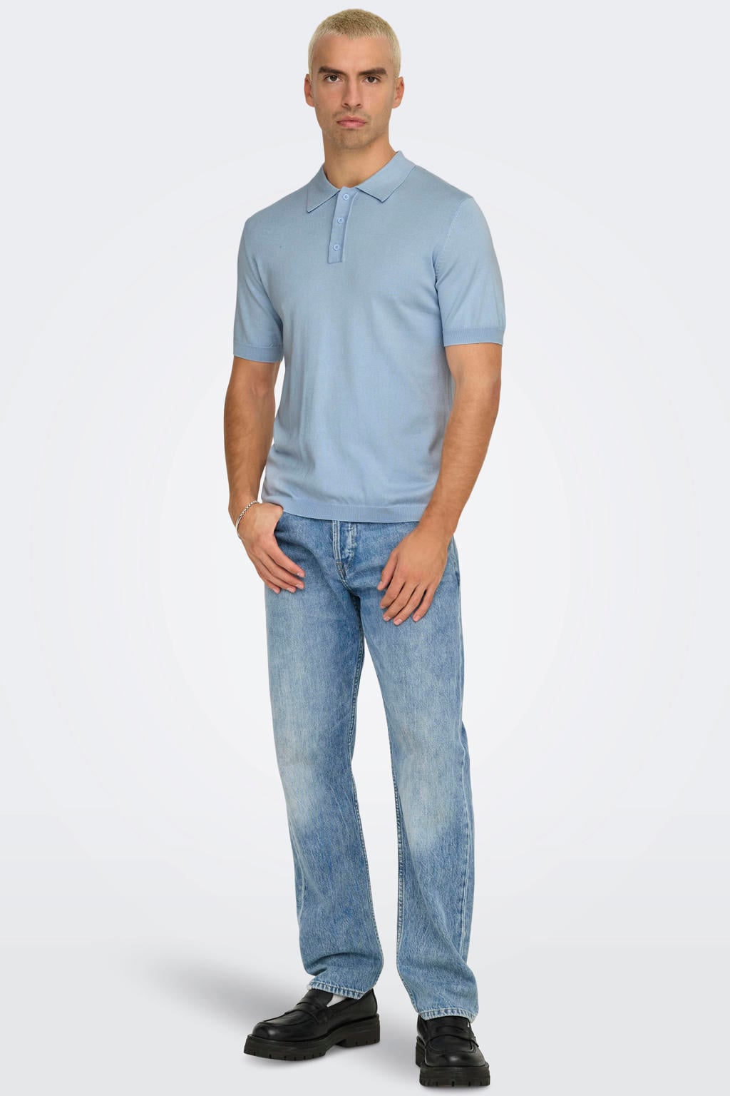 Blauwe heren ONLY & SONS regular polo gebreid van viscose met effen, korte mouwen en knoopsluiting