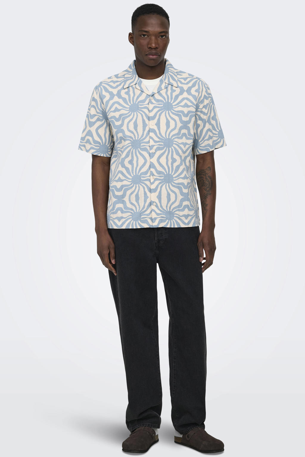 Blauwe heren ONLY & SONS relaxed casual overhemd van katoen met korte mouwen, reverskraag en knoopsluiting