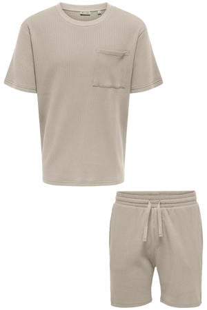 regular T-shirt en short met textuur beige