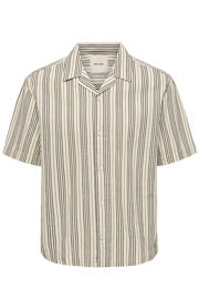 thumbnail: Beige heren ONLY & SONS relaxed gestreept casual overhemd van katoen met korte mouwen, reverskraag en knoopsluiting