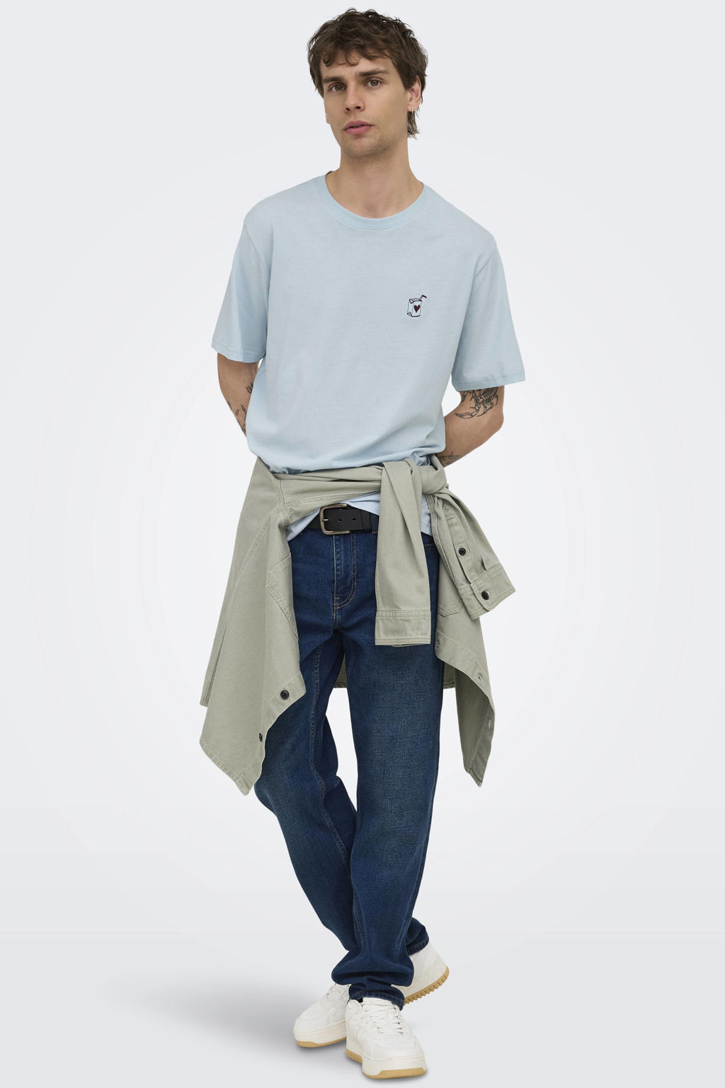 Blauwe heren ONLY & SONS regular T-shirt van katoen met effen, korte mouwen, ronde hals en borduursels