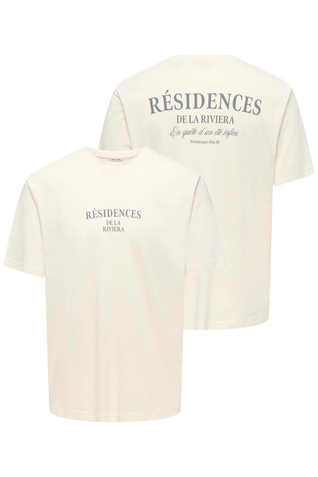 Ecru heren ONLY & SONS relaxed T-shirt van katoen met backprint, korte mouwen en ronde hals