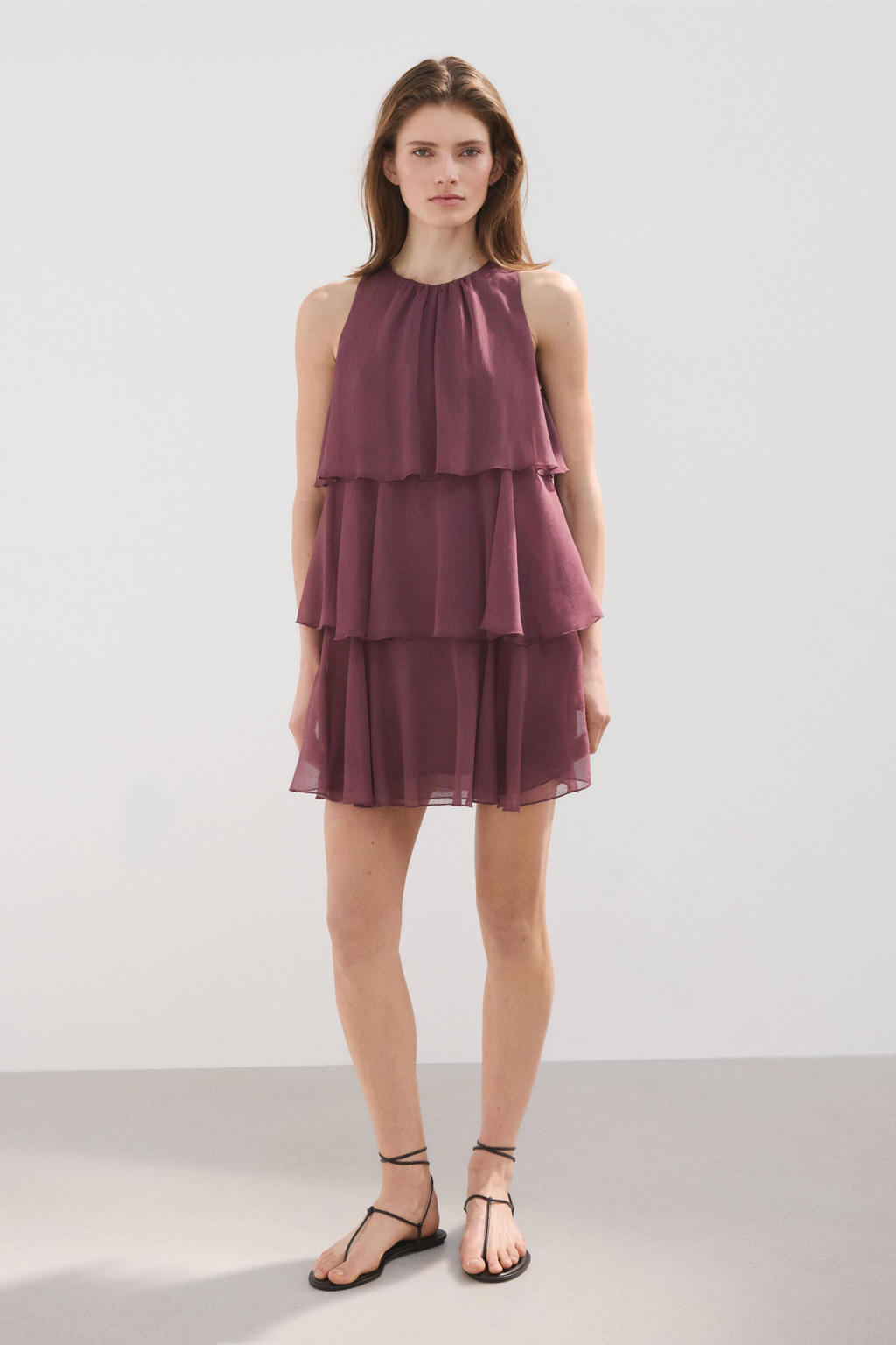 Paarse dames Mango korte jurk van polyester met effen, ronde hals en knoopsluiting