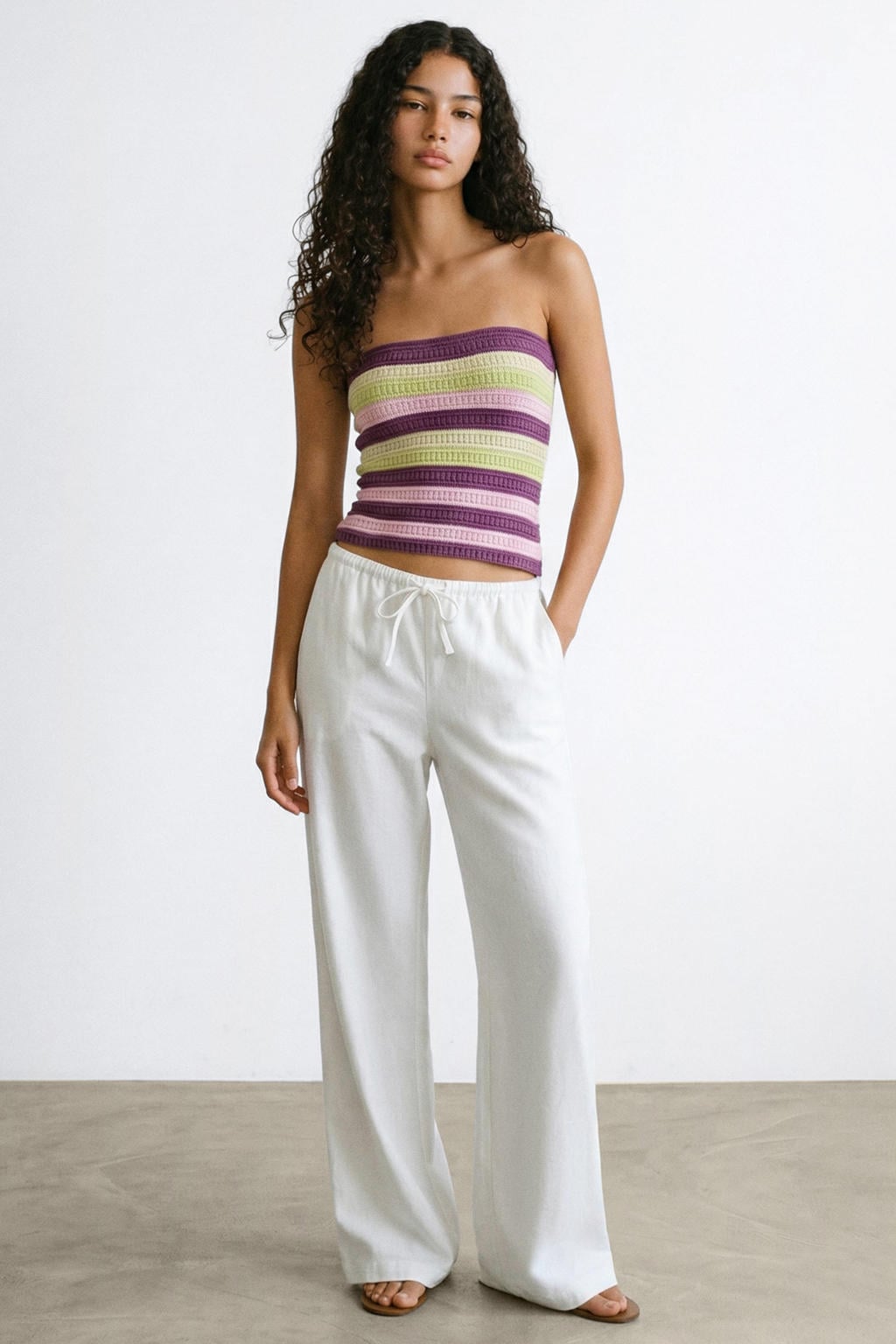 Paars en limegroene meisjes MANGO TEEN strapless top gebreid met meerkleurige print