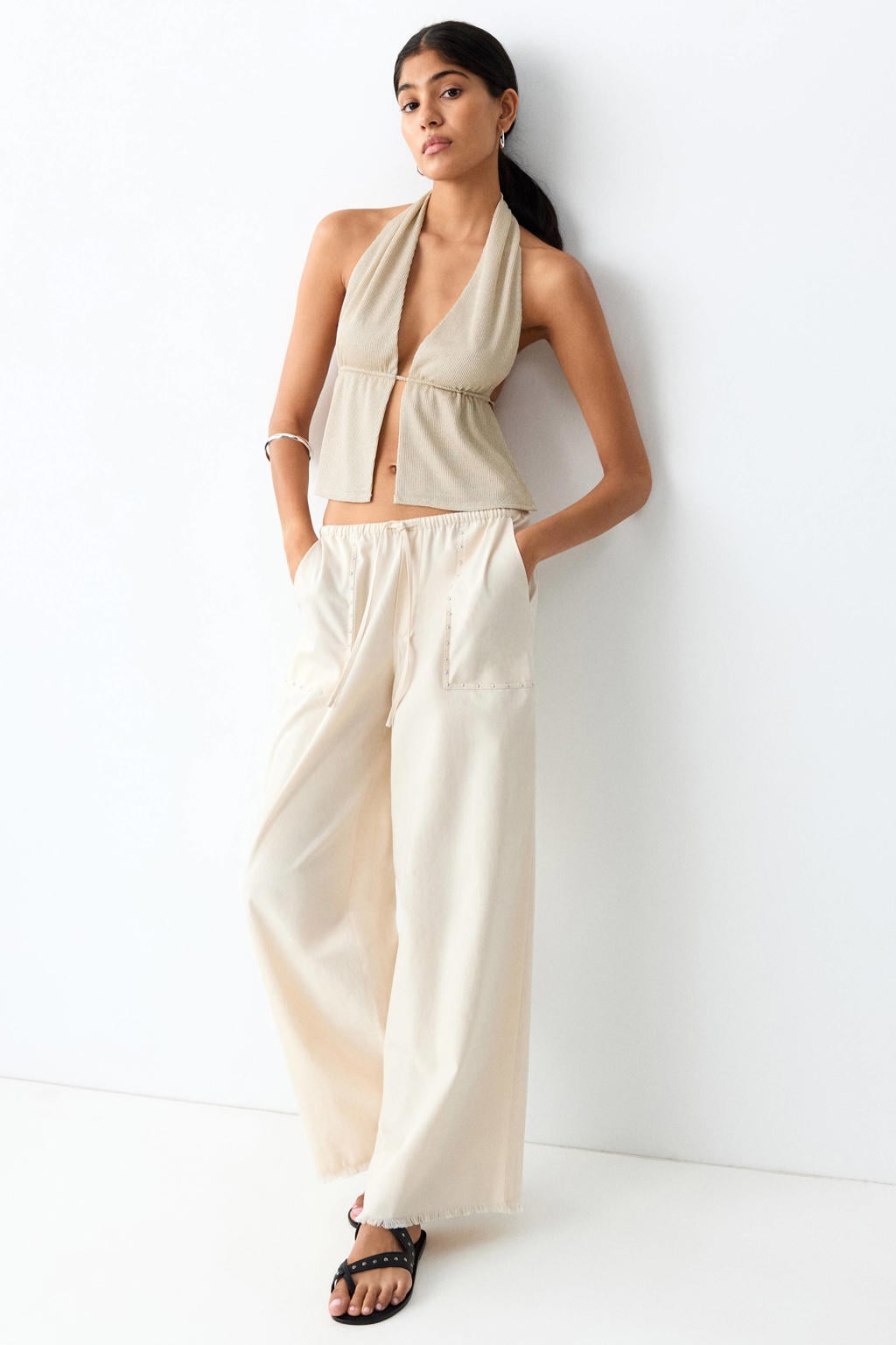 Gouden meisjes MANGO TEEN haltertop van polyester met effen, striksluiting en open detail
