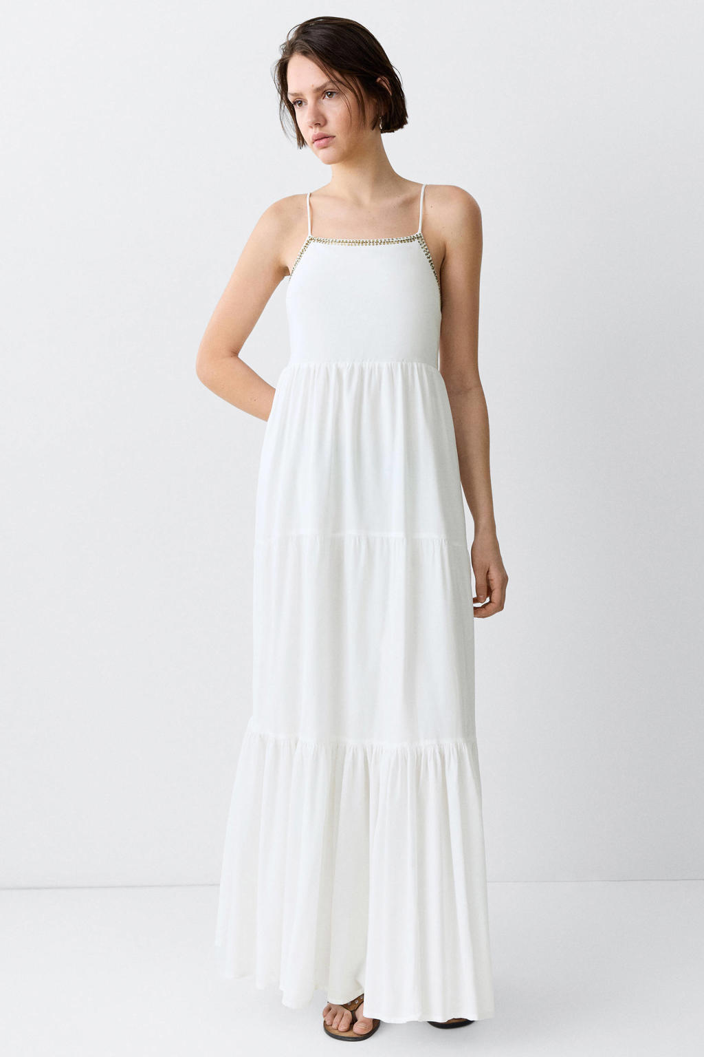 Witte meisjes MANGO TEEN maxi jurk van viscose met effen, vierkante hals, elastische inzet en contrast stiksels