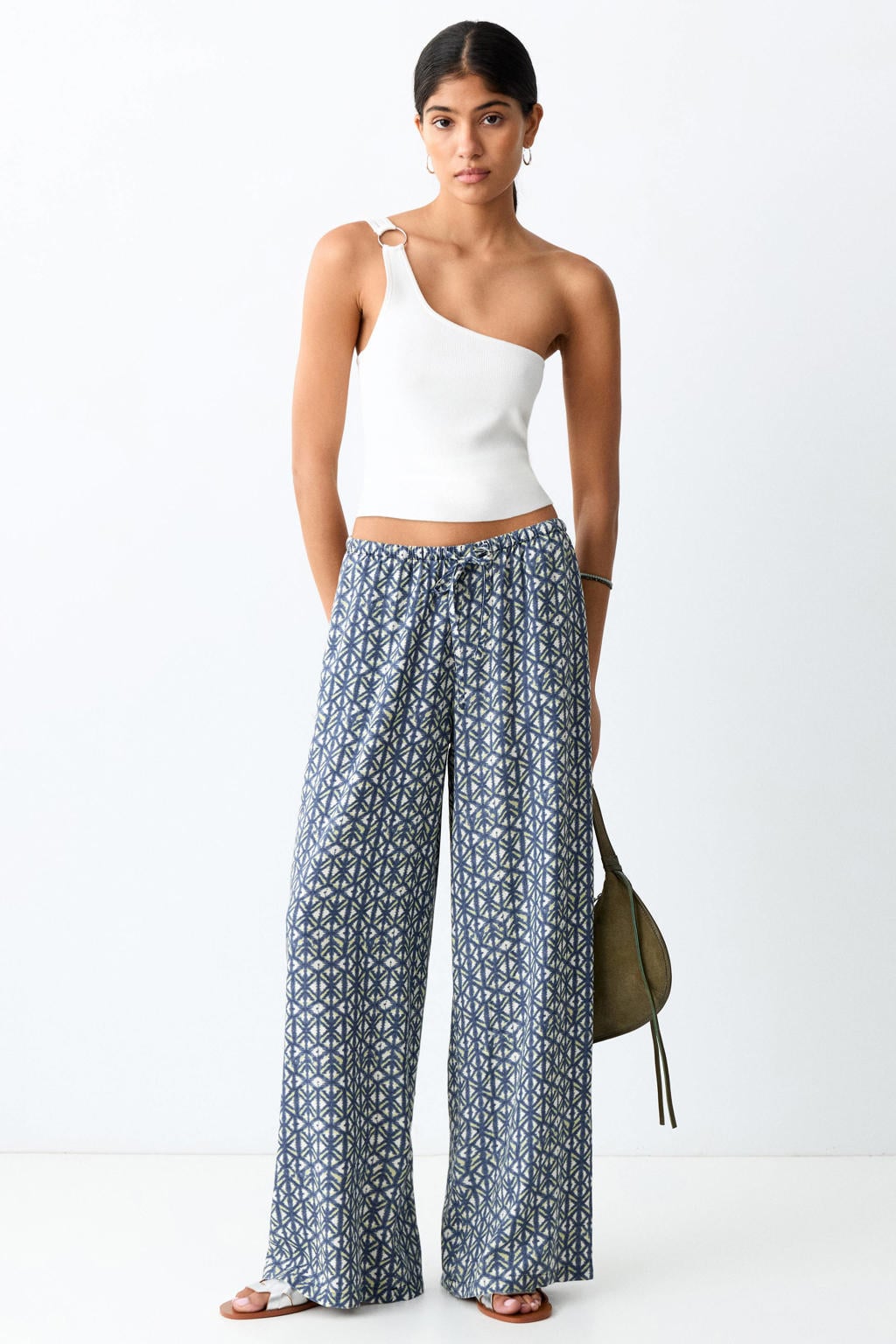 Donkerblauwe meisjes MANGO TEEN casual broek van viscose met elastische tailleband met koord