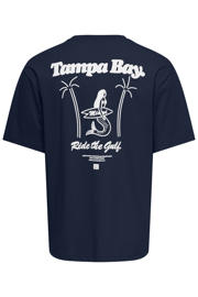 thumbnail: Donkerblauwe heren ONLY & SONS relaxed T-shirt van katoen met backprint, korte mouwen en ronde hals
