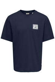 thumbnail: Donkerblauwe heren ONLY & SONS relaxed T-shirt van katoen met backprint, korte mouwen en ronde hals