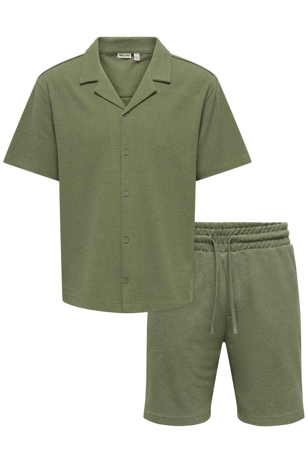 Olijfgroene heren ONLY & SONS regular casual overhemd van katoen met effen, korte mouwen, reverskraag en knoopsluiting