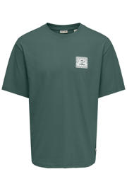 thumbnail: Groene heren ONLY & SONS relaxed T-shirt van katoen met backprint, korte mouwen en ronde hals