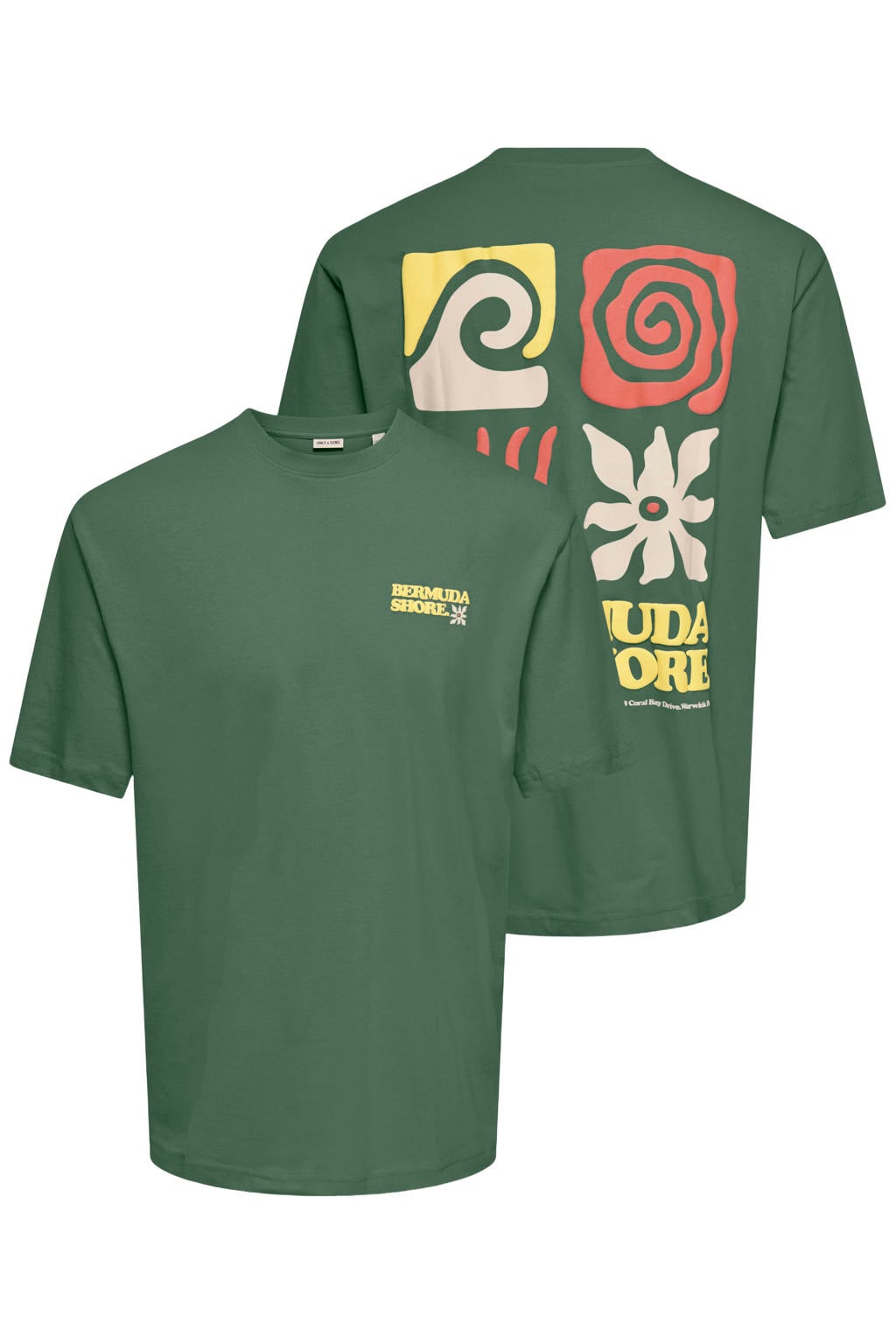 Donkergroene heren ONLY & SONS relaxed T-shirt van katoen met backprint, korte mouwen en ronde hals