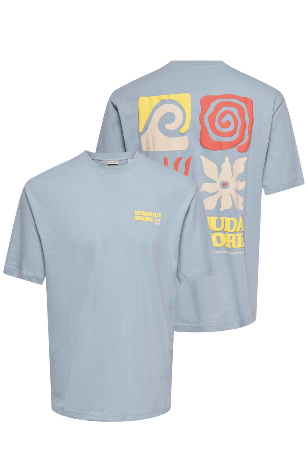 Lichtblauwe heren ONLY & SONS relaxed T-shirt van katoen met backprint, korte mouwen en ronde hals