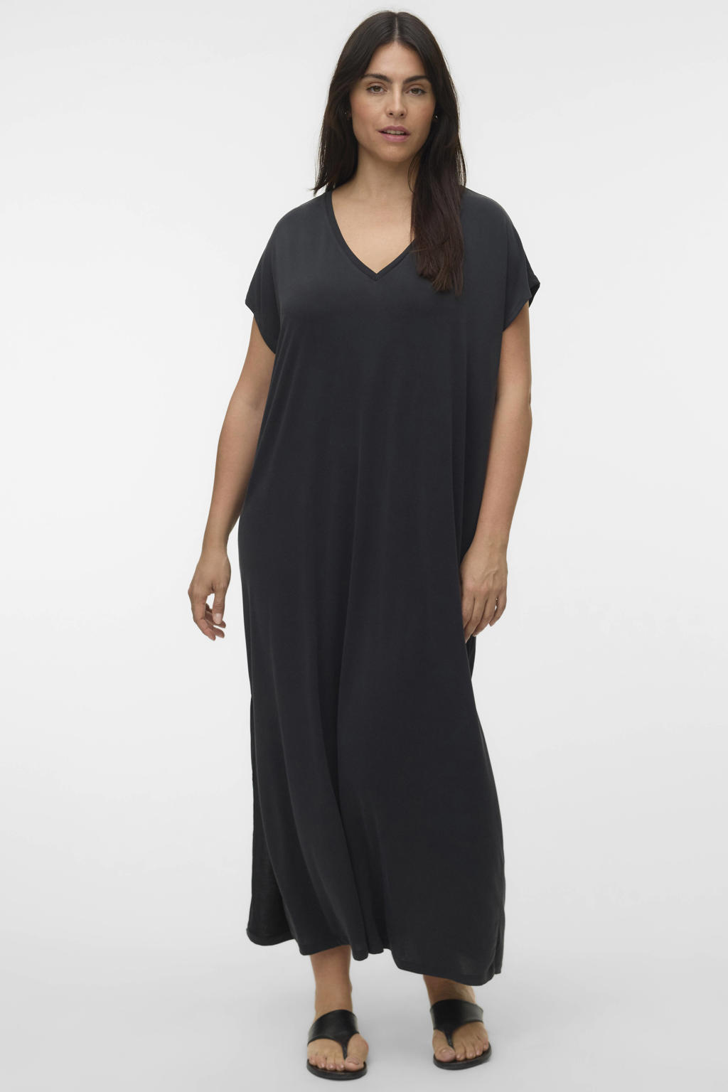 Zwarte dames VERO MODA CURVE modal sweatjurk Plus Size met effen, korte mouwen en split