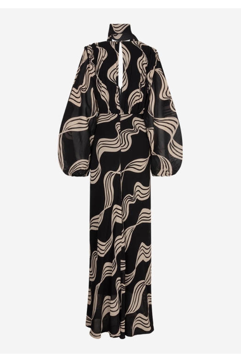 Zwart en ecru dames IBANA maxi jurk van viscose met lange mouwen, V-hals en knoopsluiting