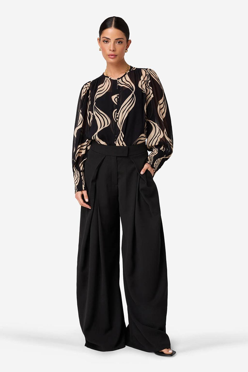 Zwart en ecru dames IBANA blouse van viscose met lange mouwen, ronde hals en knoopsluiting