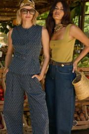 thumbnail: IBANA wide leg high waist gestreepte broek donkerblauw