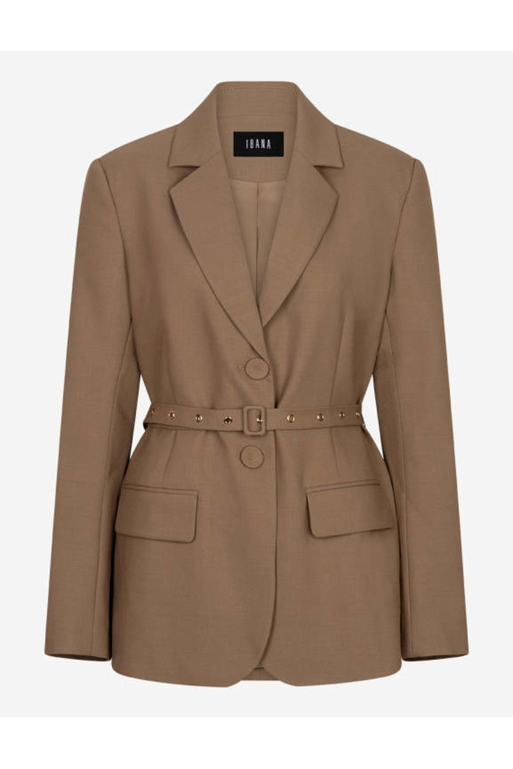 Lichtbruine dames IBANA regular blazer van wol met effen, lange mouwen, reverskraag, knoopsluiting en ceintuur