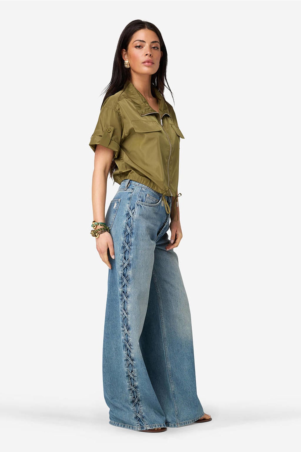 Olijfgroene dames IBANA blouse van polyester met effen, korte mouwen, openvallende hals en ritssluiting