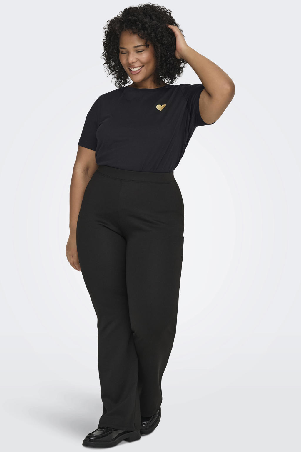 Zwarte dames ONLY CARMAKOMA T-shirt Plus Size van katoen met printopdruk, korte mouwen en glitters
