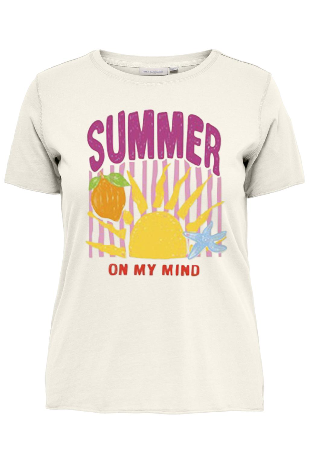 Ecru dames ONLY CARMAKOMA T-shirt van katoen met printopdruk, korte mouwen en ronde hals