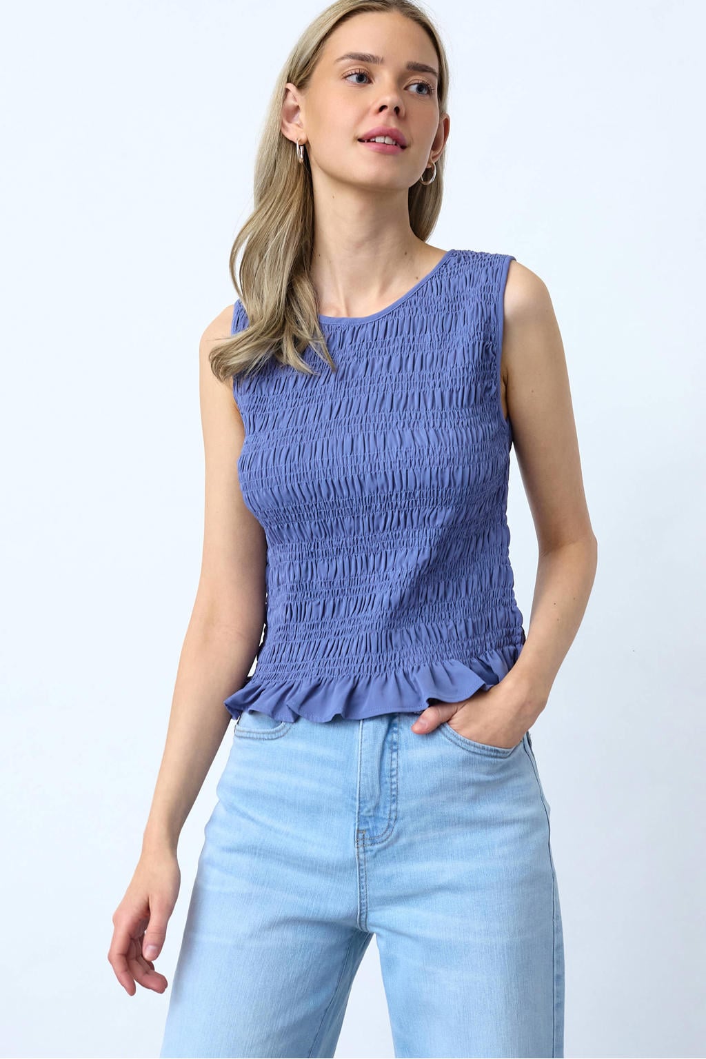 Blauwe dames SisterS Point top van polyester met effen, ronde hals en smockwerk