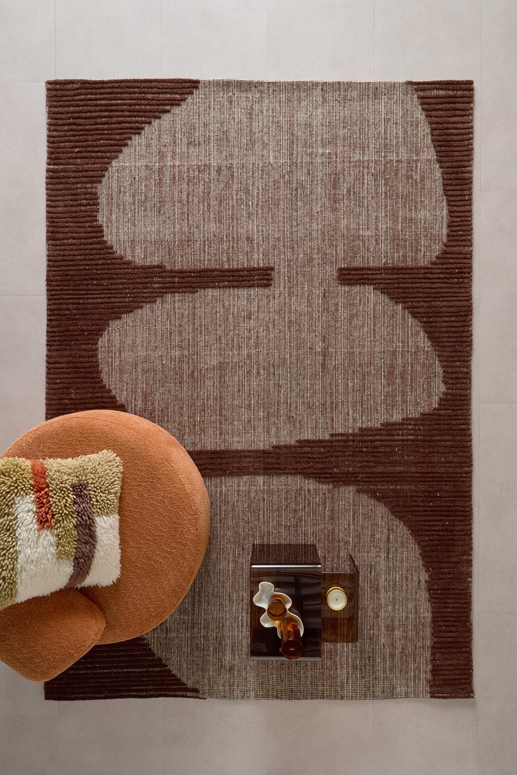 NOUS Living laagpolig rechthoekige wollen grafische vloerkleed Rayen 290x200 cm - donkerbruin/zand