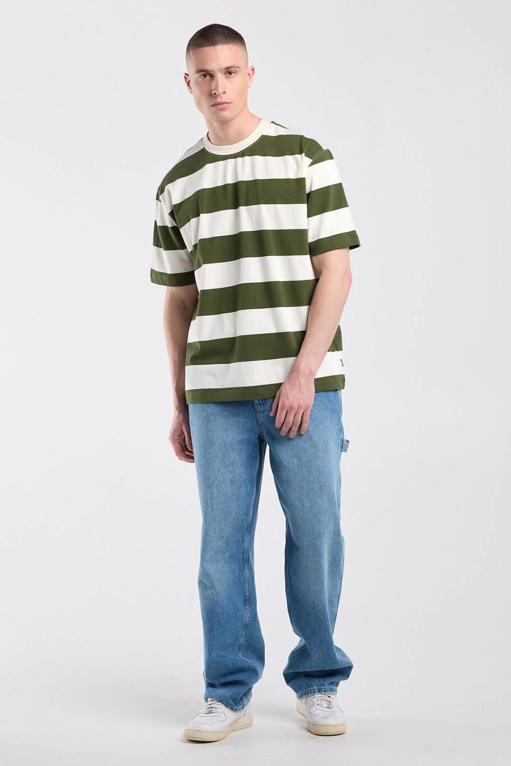 Groene heren America Today relaxed gestreept T-shirt van katoen met korte mouwen en ronde hals