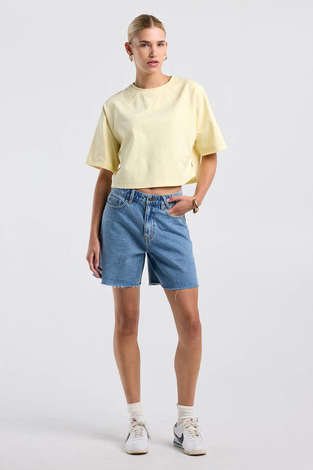 Lichtgele dames America Today T-shirt van katoen met effen, korte mouwen en ronde hals