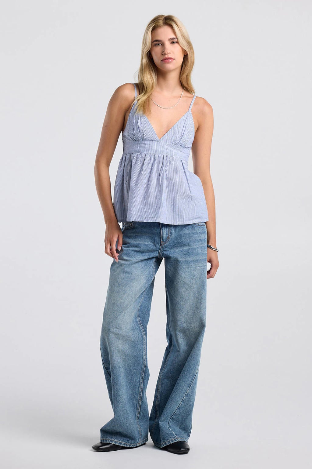 Blauw en witte dames America Today top met effen en V-hals
