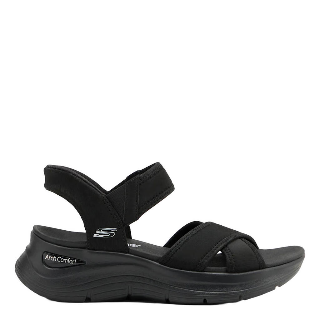 Zwarte dames Skechers slippers van textiel/synthetisch met klittenband
