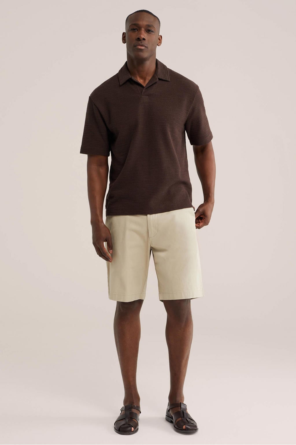 Donkerblauwe heren WE Fashion relaxed casual overhemd van polyester met effen, korte mouwen, reverskraag en textuur