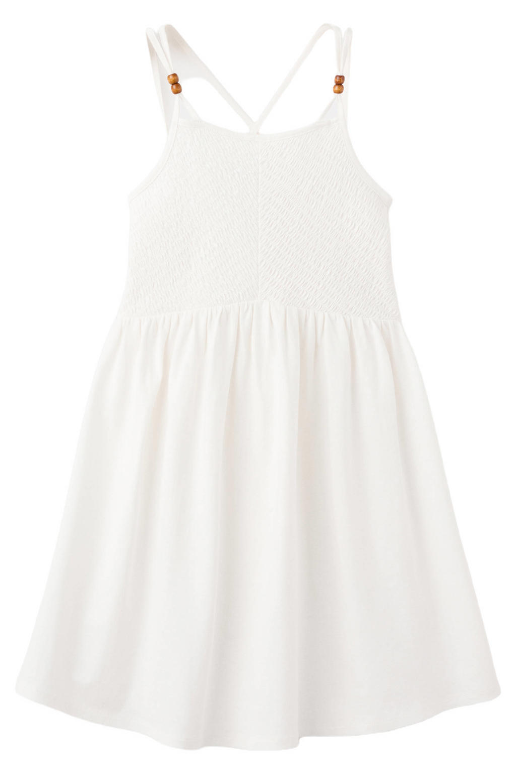 Witte meisjes Mango Kids zomerjurk van katoen met effen, vierkante hals en kraaltjes