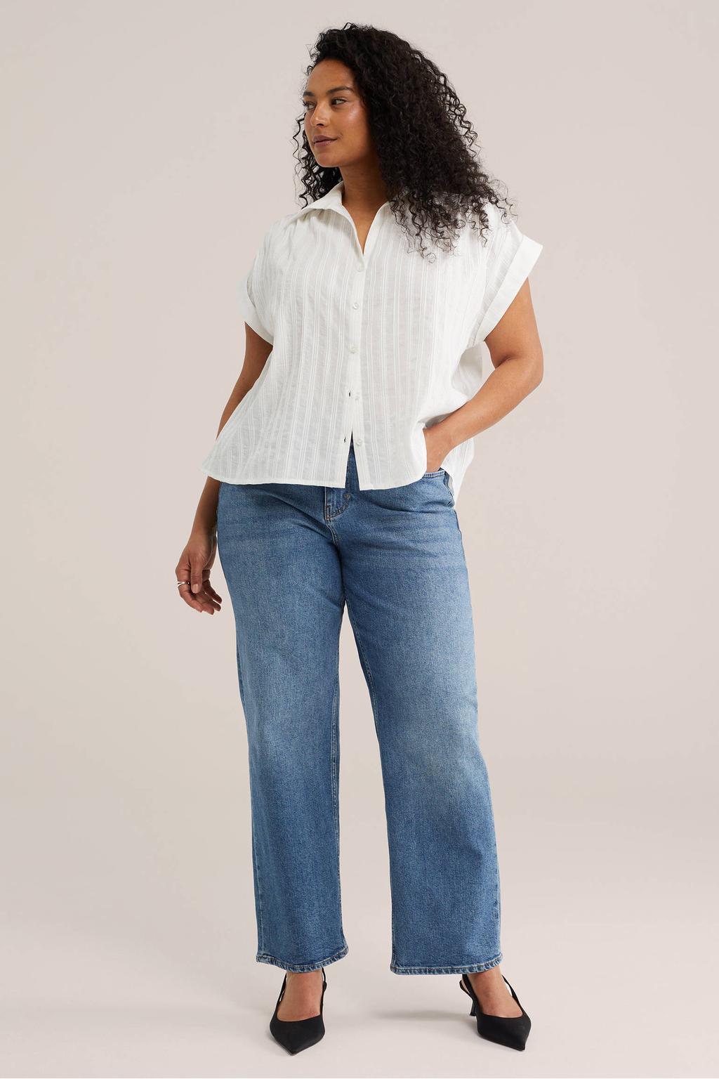 Witte dames WE Fashion Curve blouse van katoen met effen, klassieke kraag en knoopsluiting