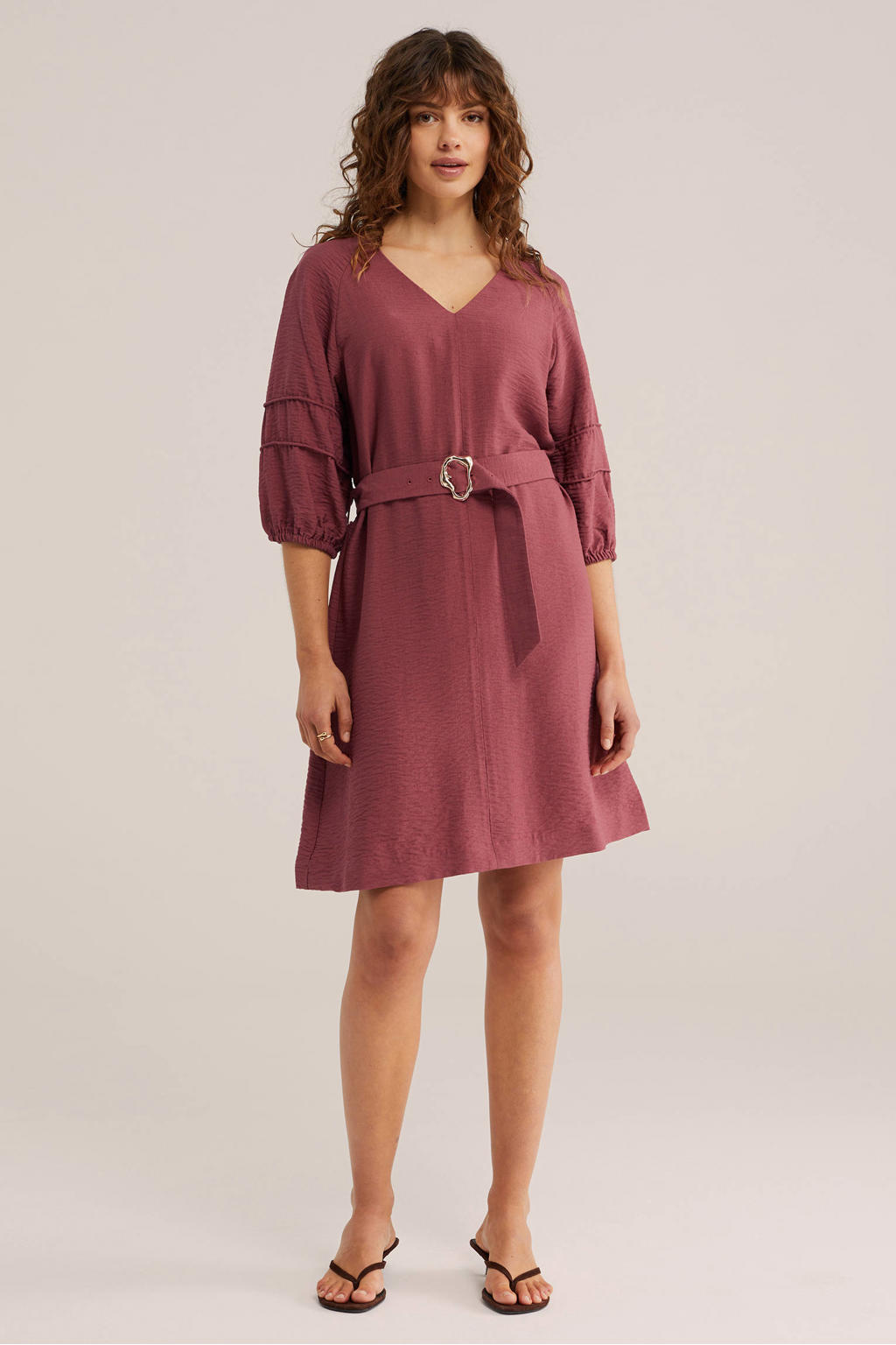 Oudroze dames WE Fashion korte jurk van viscose met effen, driekwart mouwen en V-hals